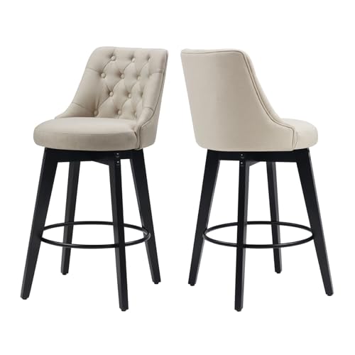Image of Virabit Swivel Bar Stools Set of 2, Linen Counter Height Bar Stool with Back, Upholstered Bar Stools for Kitchen Island, Dining, Cafe, Pub (Beige)