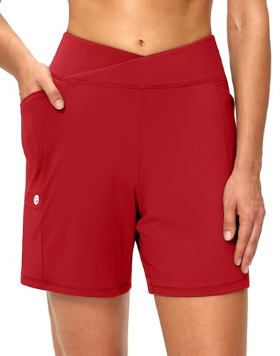 Women's Athletic Shorts 6" High Waisted Stretchy Bermuda Shorts for Women Quick Dry Summer Casual Shorts(Red,S)