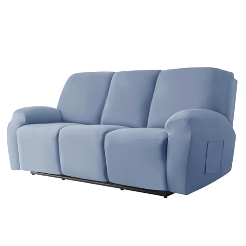 ZRCYXDW リクライニングチェアカバー 8ピース, 柔らかい リクライニングソファーカバー ストレッチ リクライニングカバー 洗える 家具プロテクター と サイドポケット付き-グレーブルー-3 人掛け