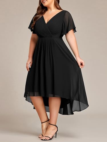 Image of Ever-Pretty Plus Summer Short Sleeves V-Neck Formal Wedding Guest Dresses for Curvy Women Chiffon Midi Cocktail Party Dress