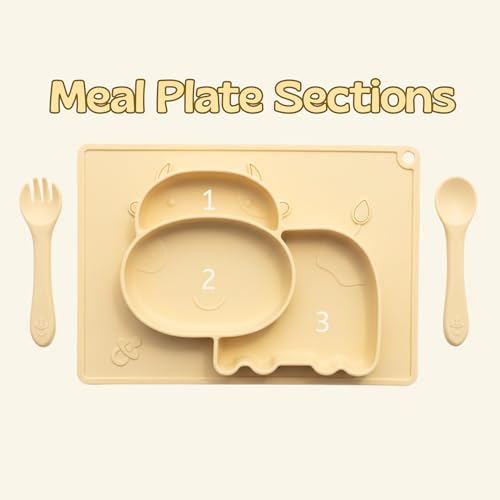 Image of Silicone Baby Meal Plate Set with Spoon & Fork | Hippo Shaped | Banana Yellow | 3 Section Divided Plate for Toddlers | Food Grade Kids Feeding Set | Microwave Dishwasher Safe