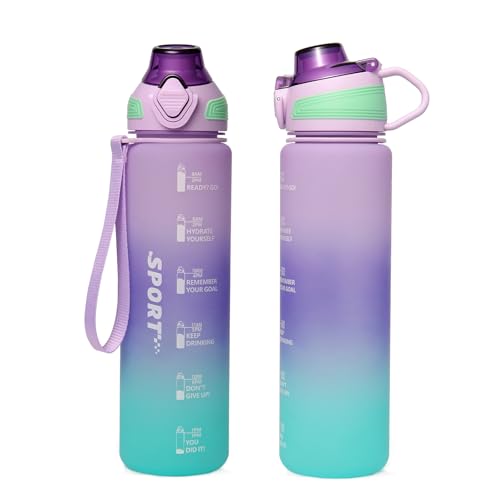Binudum Botella Agua,1 Litro Botella de Agua Deportiva con Marcador de Tiempo,Botella sin BPA,A Prueba de Fugas y Reutilizable,Deportes,Ciclismo,Escuela,Gimnasio,Aire(Negro Blanco, 1000ml)
