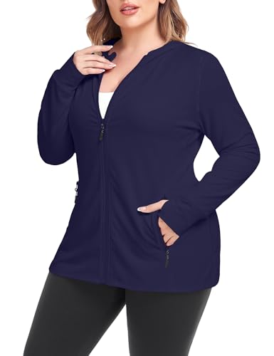 COOTRY Womens Plus Size Workout Jackets Full Zip Up Lightweight Athletic Running Hoodies Navy 3XL