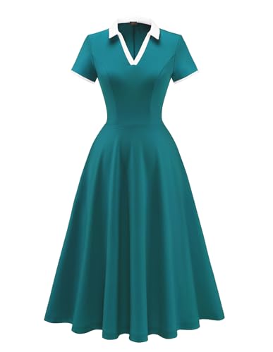 Image of Dressystar Women's 1950s Vintage Swing Dress Short Sleeve V Neck A Line Retro Rockabilly Cocktail Party Dresses With Pockets