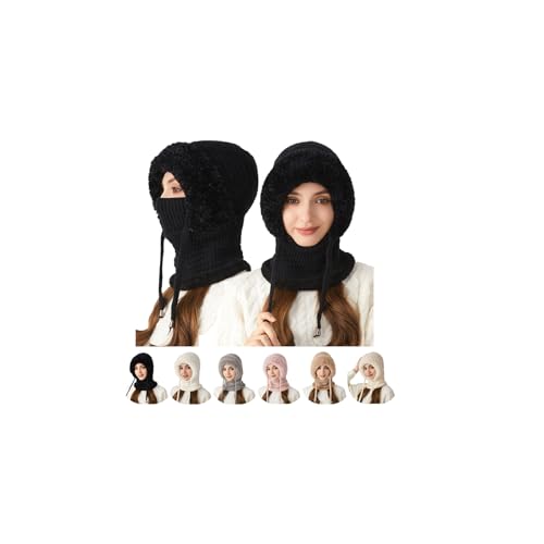 3 in 1 Beanie Hat with Scarf and Mask for Women 3 in 1 Winter Balaclava Cold Proof Hat Knitted Hats Wind Resistant Hooded (Black)
