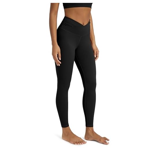 ODODOS Women's Cross Waist 7/8 Yoga Leggings with Inner Pocket, Gym Workout Running Tight Yoga Pants -Inseam 25", Black, Medium