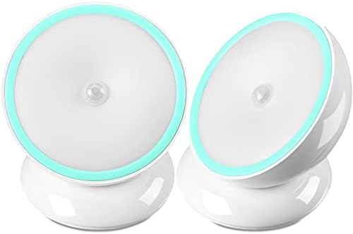 Kathfly 2 Pieces Motion Sensor Night Lights LED Cordless Puck Small Wall Lights with Rotating Base for Cruise Cabin Hallway Bedroom Kitchen Closet Stairway, White(Battery Operated)