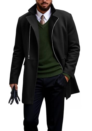 Image of Runcati Mens Trench Coat Notch Lapel Zip Up Overcoat Casual Winter Long Business Pea Coat