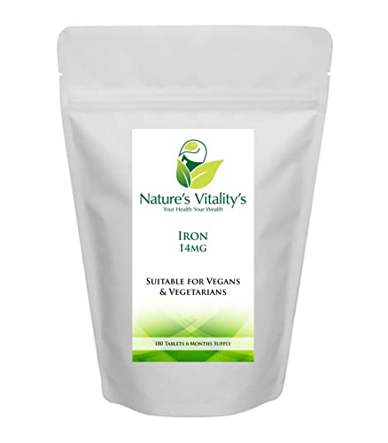 Nature's Vitality's Iron Tablets 14mg 180 Tablets 6 Months Supply Suitable for Vegans & Vegetarians Gentle Iron Support Contributes to Normal Immune System and Reduction in Tiredness and Fatigue