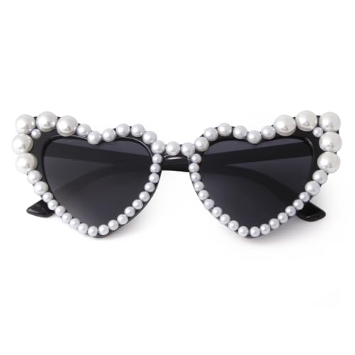 Pearl Heart Sunglasses for Women Love Pearl Sun Glasses Heart Shaped Cat Eye Party Festival Bling Sunglasses UV4004