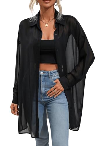 GORGLITTER Damen Transparente Bluse Mesh Hemdshirt Button Down Locker Oberteil Lange Chiffonbluse Hemdbluse Schwarz S