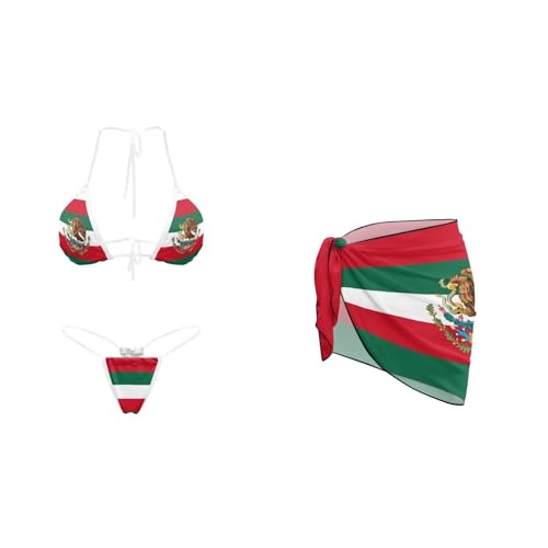 Suhoaziia Mexican Flag Eagle Womens Bikini Sets Sexy Triangle Bathing Suit with Bikini Cover-ups, Halter Invisible Strap Swimsuit 2025 Trendy Swimwear Mini Bikinis for Summer Beach