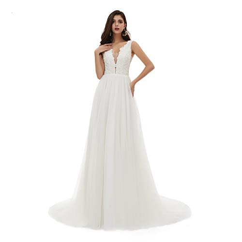 Image of Spaghetti Chiffon Beach Wedding Dress V Neck A line Bridal Gowns Lace Plus Size Wedding Dress