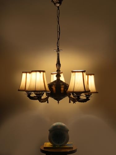 Image of Devansh 05-Light Conical Off-White Cotton Shade Chandelier - Antique Golden Finish | Adjustable Cord | Warm Glow Lamp - Ceiling Light for Living Room, Dining Area, Bedroom & Entryway Decor - D11