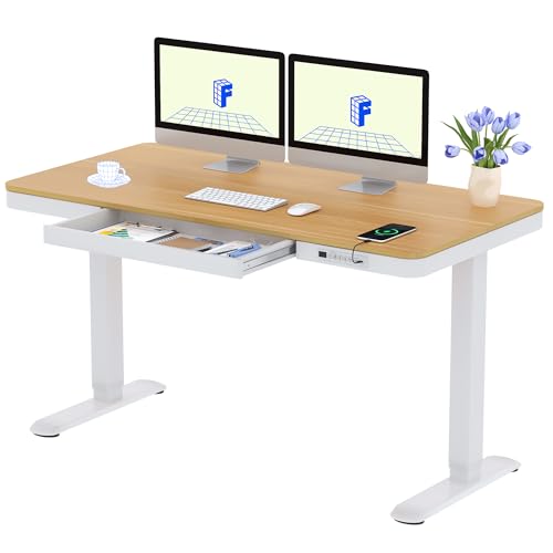 FLEXISPOT Q3 Höhenverstellbarer Schreibtisch mit LED-Höhenanzeige, Memory-Funktion und USB, Elektrischer Schreibtisch mit Schublade für Homeoffice 140 x 70 cm (Naturahorn)