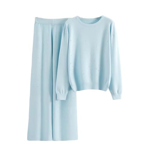 Women Beaded Knit Sweater Set Elegant Pullover Top and Wide