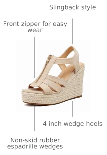 Image of Womens Front Zipper Espadrille Wedge Sandals Dressy, High Heel Platform Sandals Open Toe Slingback, Comfy Sexy Summer Wedges Sandals
