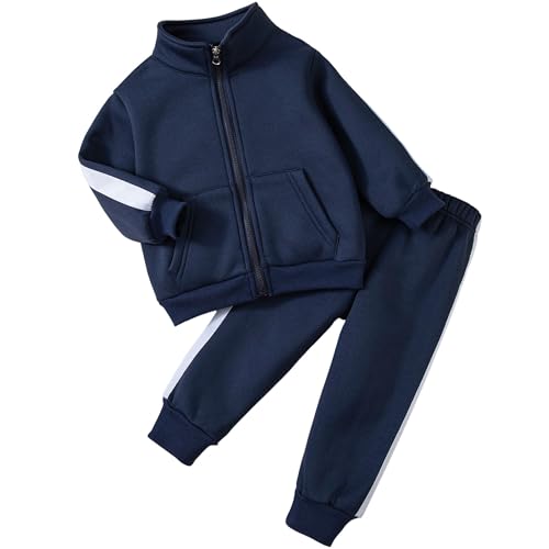 Girls Athletic Sweatshirt/Sweatpant Set, Kids Pink Striped Soft Fleece Tracksuit 2 Pieces