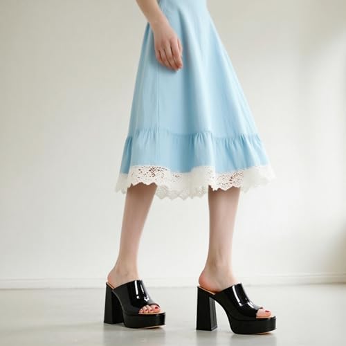 Image of Women Square Open Toe Platform Chunky Heel Slide Sandals | Slip On High Heel Dress Sandals, Elegant Formal Footwear For Wedding Club Evening Party Events