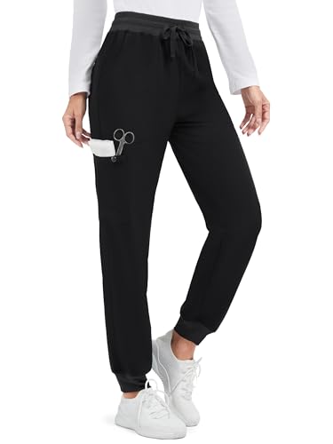 SEVEGO Tall Women Long 32' Inseam Scrub Pants Yoga Jogger 5 Pockets Drawstring Elastic Waist Sweatpants, Black, M