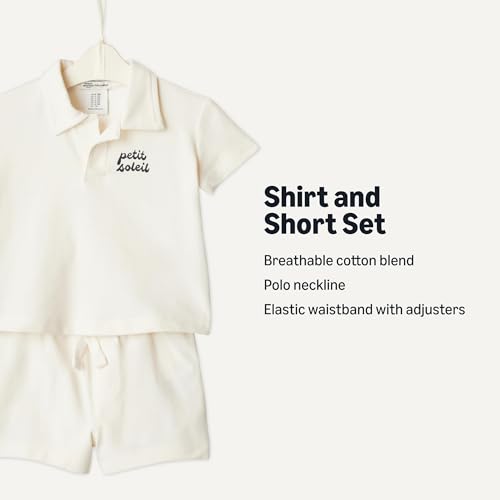 Amazon Essentials Unisex Babies x Sofia Grainge Cotton Pique Baby Boys and Toddlers Short Sleeve Shirt & Shorts Set, Ivory Navy Petit Soleil, 6-9 Months - image 3