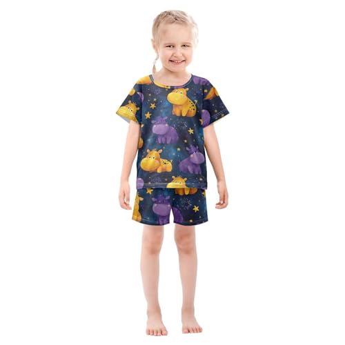 Pajama Short Sets Starry Hippo Pattern Print Soft Cotton Summer Sleepwear 2 Piece PJS Size 5-14T4