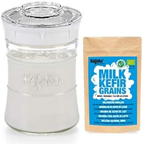 Kefirko Complete Milk KEFIR Starter Kit- 900ml Jar with Organic Grains – Make Your own Probiotic Drinks at Home for Good Gut Health and Build Your Immunity - White