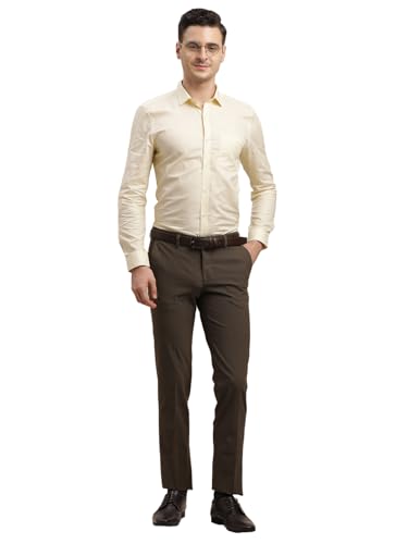 Image of Turtle Men Brown Slim Fit Dobby Flat Front 4 Way Stretch Formal Trouser