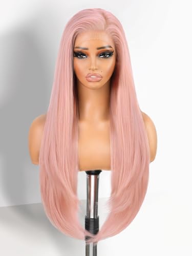 13x4 HD Pink Lace Front Wig 30inch Glueless Wear and Go Wig Pre Plucked Natural Straight Wig - Light Pink Lace Front Synthetic Wig Beginner Friendly Natural Hairline for Women Daily Party Cosplay
