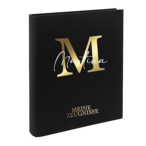 AWASG Zeugnismappe Kinder mit Namen personalisiert | Dokumentenmappe Buchstabe Initiale für Mädchen Jungen | Zeugnisordner Leinen zum Einsortieren von Urkunden (Schwarz)
