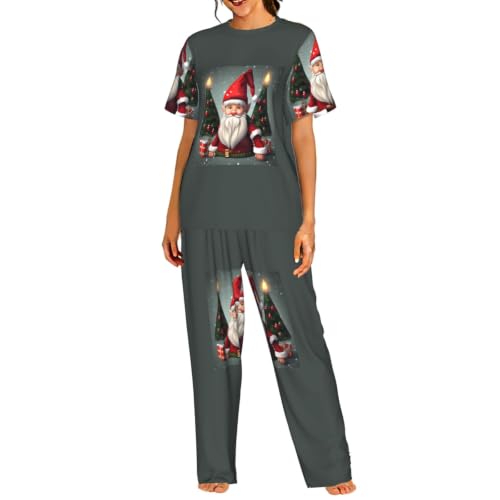 Pyjama court femme motif nain de Noël traditionnel en tissu doux