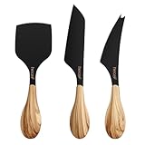 hecef set de 3 cuchillos para queso, hojas antiadherentes de acero inoxidable, mangos antideslizantes con motivo madera de olivo, para quesos blandos y duros, tabla de quesos/charcutería y aperitivos