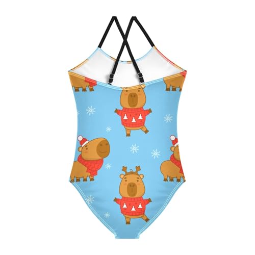 Girls One Piece Swimsuits Cute Winter Capybara on Blue Sport Halter Swimwear Beach Bathing Suit,9-10T2