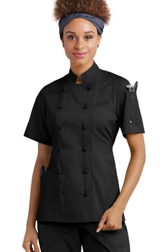 ChefUniforms.com Women\'s Chef Coat - Double Breasted Culinary Jacket, Restaurant Kitchen Uniform with Knotted Buttons, Short Sleeve