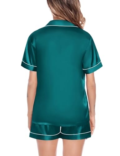 Image of SWOMOG Satin Matching Pajamas Sets Couple Silk Button Down Nightwear Women & Men Short Sleeve Sleepwear 2 Pieces Loungewear