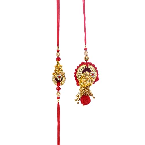 UtsaWe Rakhi Gift Box | Bhaiya Bhabhi Rakhi Gift Box with Roli, Chawal, Greeting Card, Thali Set, and Chocolates | Rakhi Gift Set | Rakhi Gift Hamper (Red Couple Rakhi)4