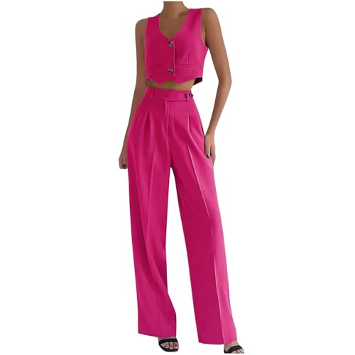 Pant Suits for Women Dressy Casual 2 Piece Work Sets Sleeveless Button Blazer Vest Crop Tank Top and Wide Leg Pants Hot Pink