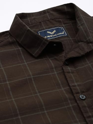 Image of Majestic Man Men Comfort Slim Fit Opaque Checked Pure Cotton Casual Shirt