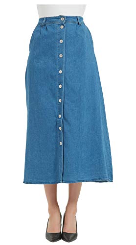 Tronjori Womens A Line Long Midi Denim Skirt with Button Front(XS, Light Blue)