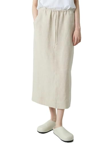 Mywinway Linen Skirts for Women Spring Summer Casual Trendy Elastic High Waisted Cotton Linen Midi Skirt with Pockets