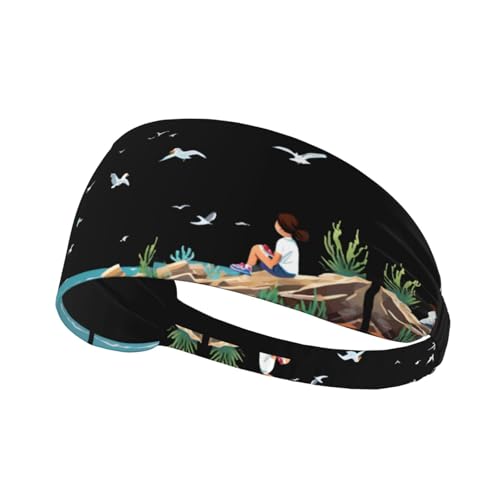 Elastic Sports Headband Hairband BROLEO little girl watching seagulls on the reef Printing Quick Drying, Moisture Wicking