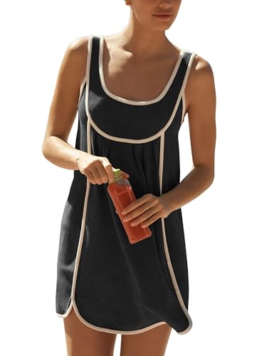 Image of Megfie Womens Casual Summer Dress Pleated Sleeveless Crewneck Tank Dress Loose Sundress Athletic Mini Dress(0865-Black-L)