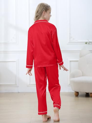 Boys Girls Pajama Set 2 Pieces Cute Girls Satin Pajamas Long Sleeve + Pants, Silky Button Down PJ Set Size 5-144