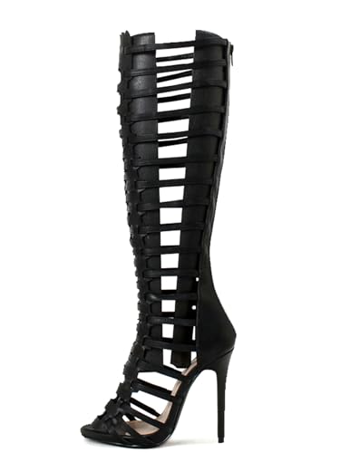 Minishion Gladiator Sandals for Women Tall Heels Stiletto Knee High Summer Boots Shoes TM029 Black Matte Fabric US 9