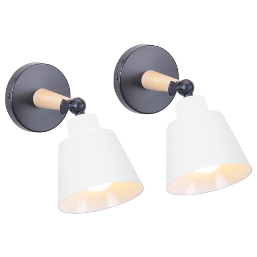 TOKIUS 2 Piezas Aplique de Pared Moderno, Lámparas de Pared para Dormitorio E27 Iluminación Interior Luz de Pared en Madera y Metal Ajustable Lámparas para Salón Pasillo (Blanco, sin Interruptor)