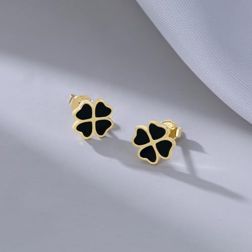 Reffeer Solid 925 Sterling Silver Leaf Clover Earrings Studs for Women Teen Girls Black Leaf Stud Earrings Clover4