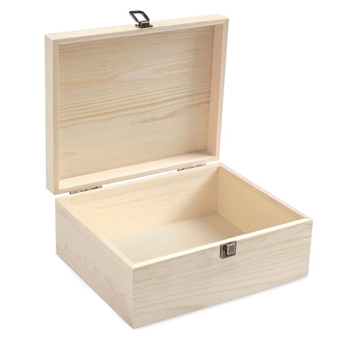 LZYDKH Caja de madera natural con tapa abatible, caja de madera con tapa, cierre frontal de madera de pino natural, caja de madera para accesorios, recuerdos, barnizable, 23 x 23 x 10 cm