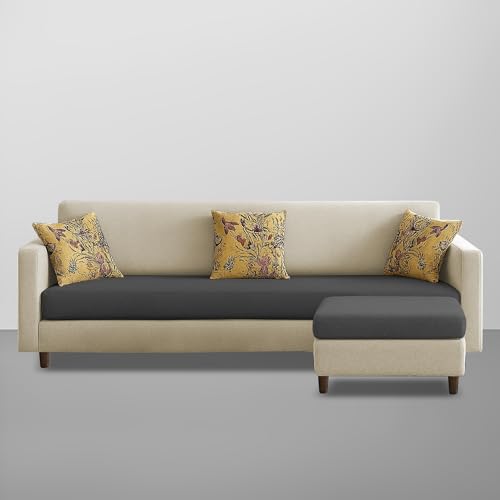 Image of Casaliving Premium Lifestyle Fabric 5 Seater L Shape Sofa Set 4 Seater Modern Sofa Set & Ottoman for Living Room (Cream Black Color)