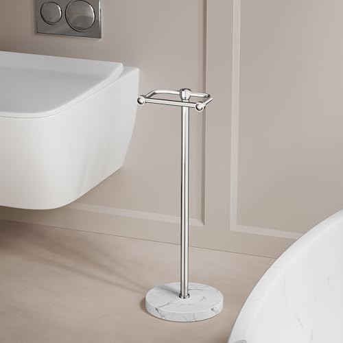 Image of RARXTR Toilet Paper Holder Stand, Bathroom Free Standing Toilet Paper Stand with Modern Marble Base, Post Pivoting Toilet Paper Stand with Stainless Steel Tissue Rack, Rust-Proof & Heavy Base(Chrome)