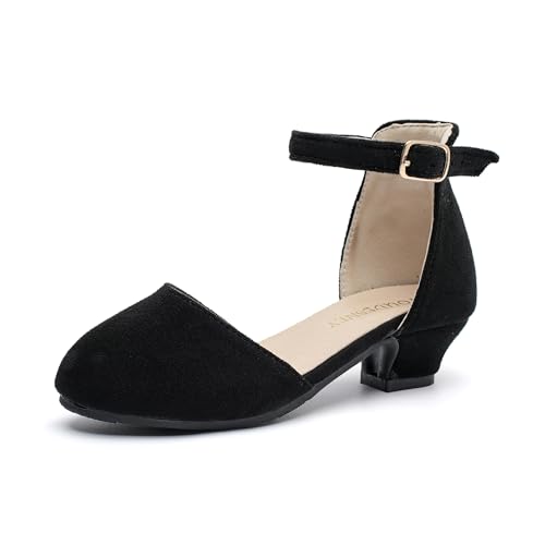 Youdesney Girls Black Dress Shoes, Closed Toe High Heels, Toddler Little Big Kid Ankle Strap Flower Pump for Wedding, Party, School